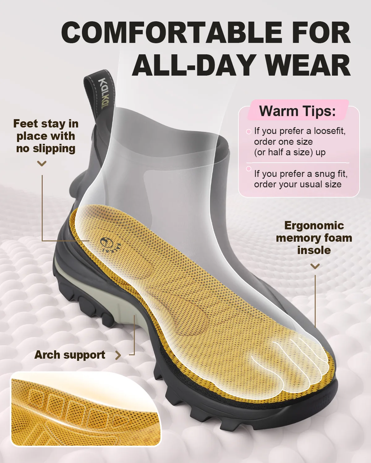womens waterproof boots all day comfort Removable memory foam insole inside women's waterproof rubber boot