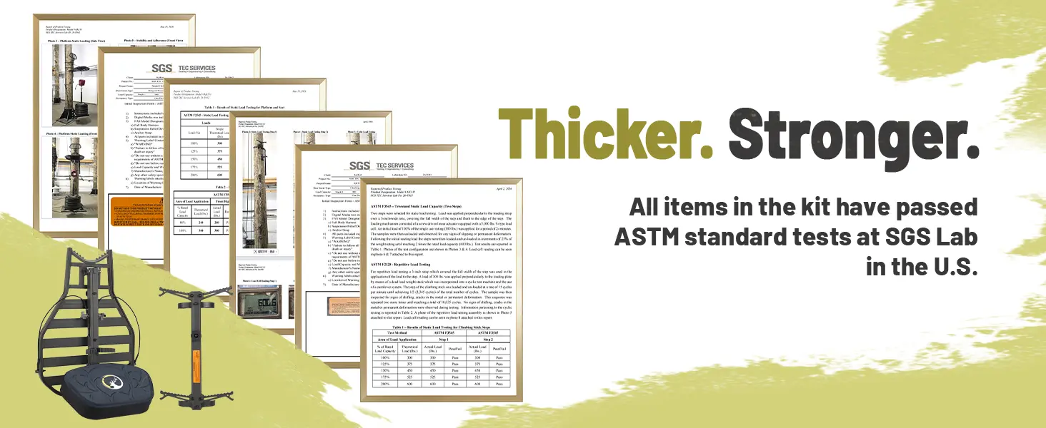 ASTM tested deer tree stand system with safety harness and climbing sticks