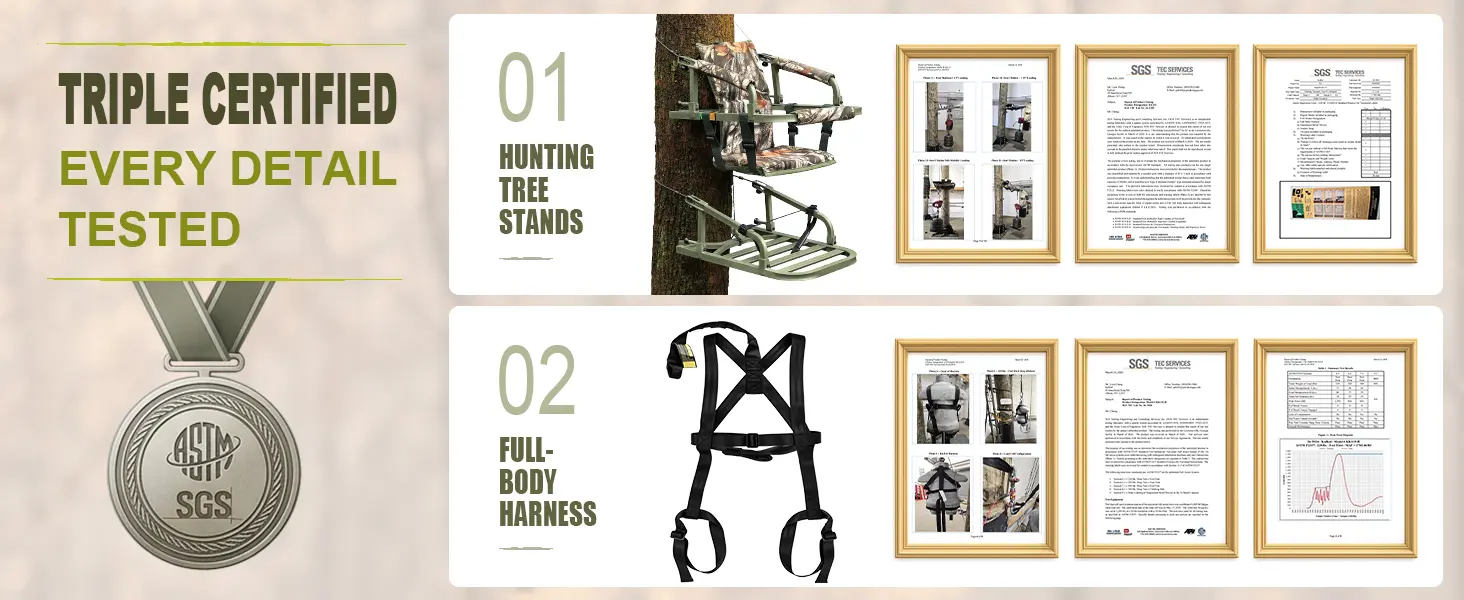 ASTM-tested tree stand and full-body hunting harness