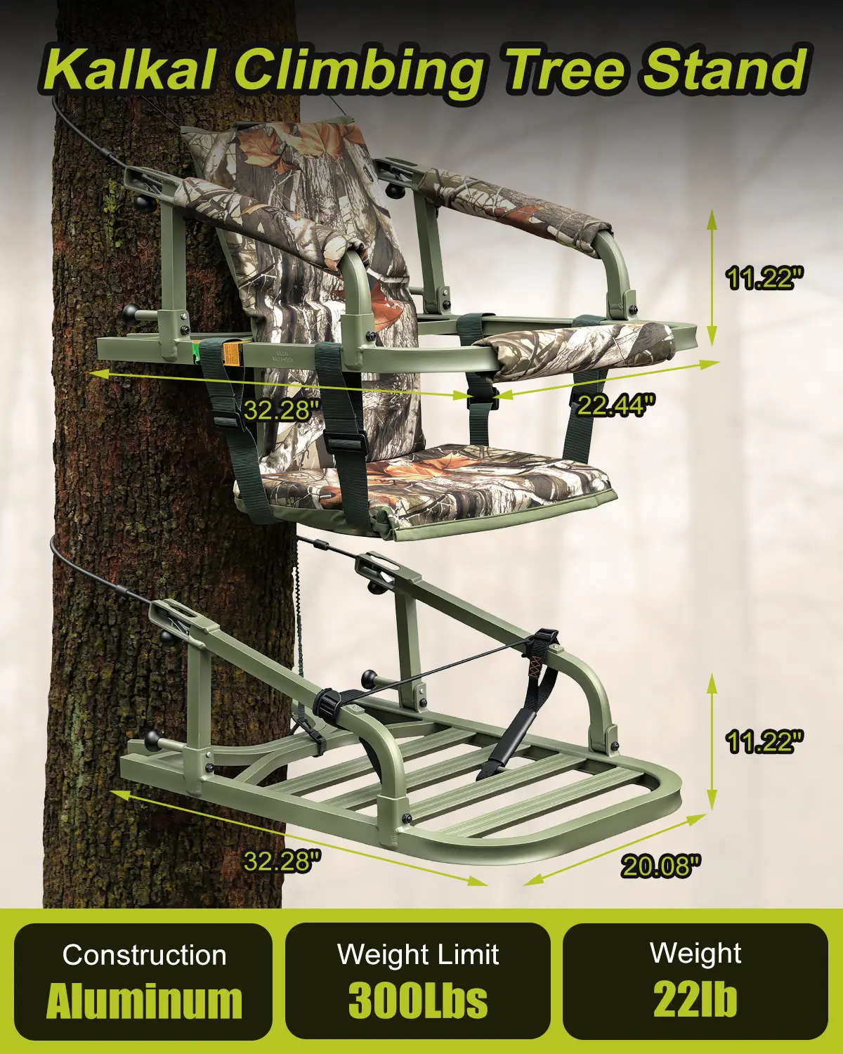 Aluminum climbing stand specifications with dimensions and 300 lb weight capacity