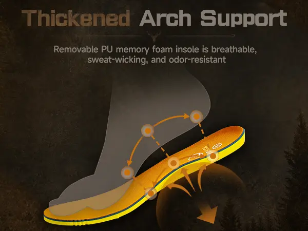 Removable PU footbed with arch support inside hunting boots