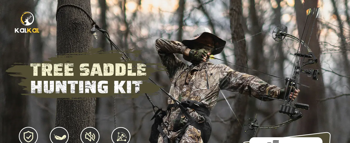 Bowhunter using a tree saddle and platform for mobile deer hunting