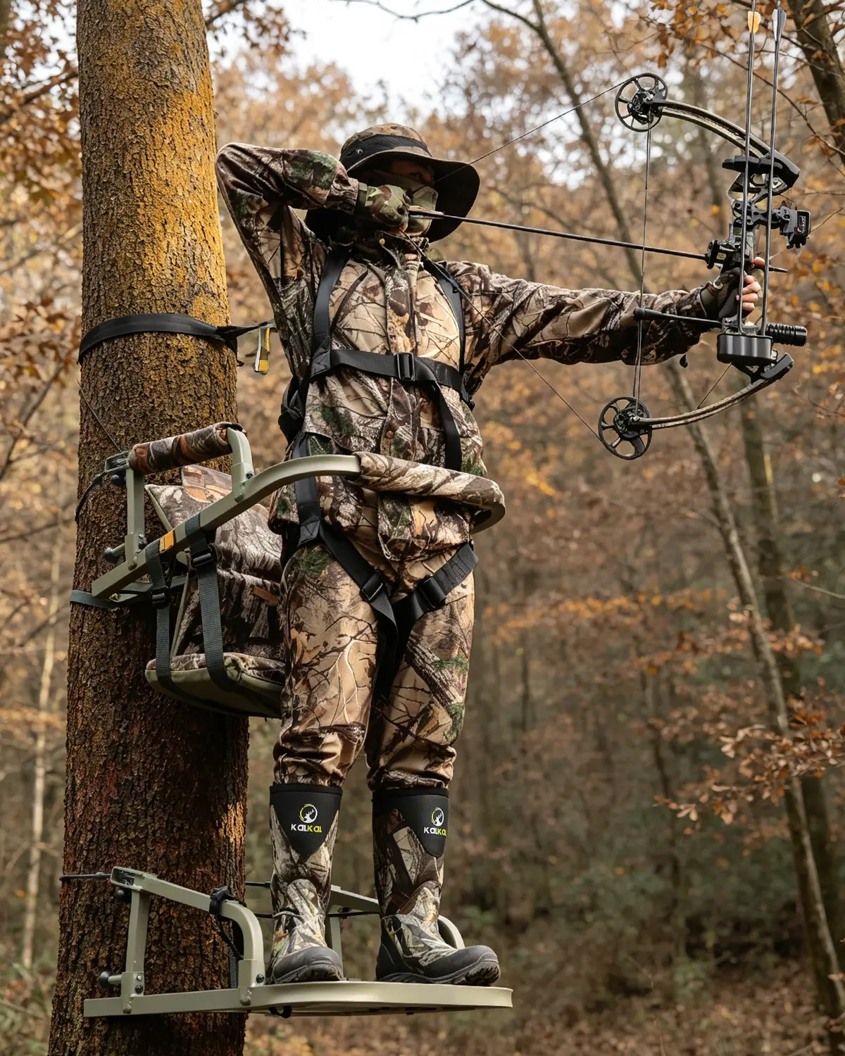 Hunter bowhunting from a climbing treestand