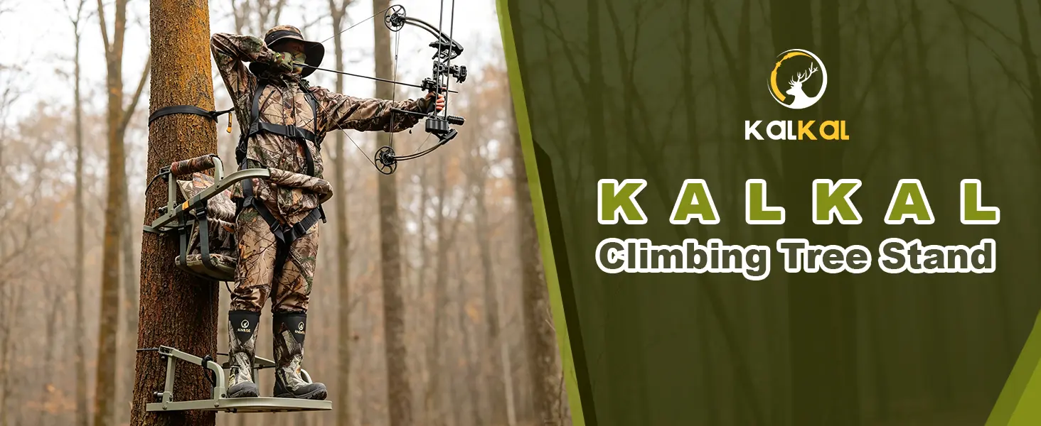 Hunter hunting from a climbing deer stand in the woods