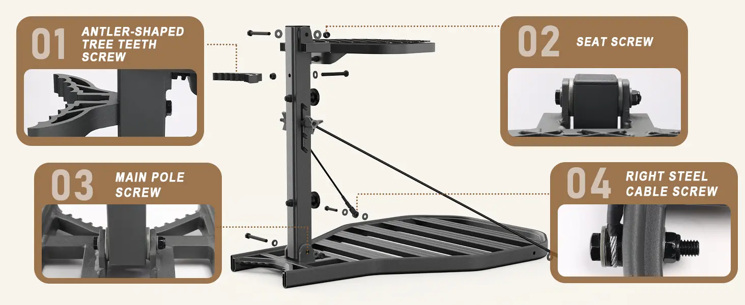 Detailed components of a lightweight hang-on tree stand