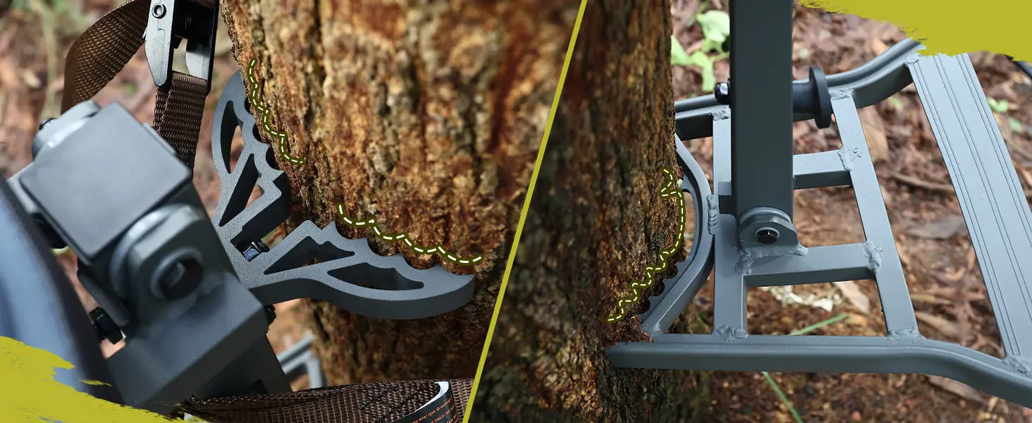 Close-up of hang-on tree stand teeth gripping the tree securely for stable deer hunting setup