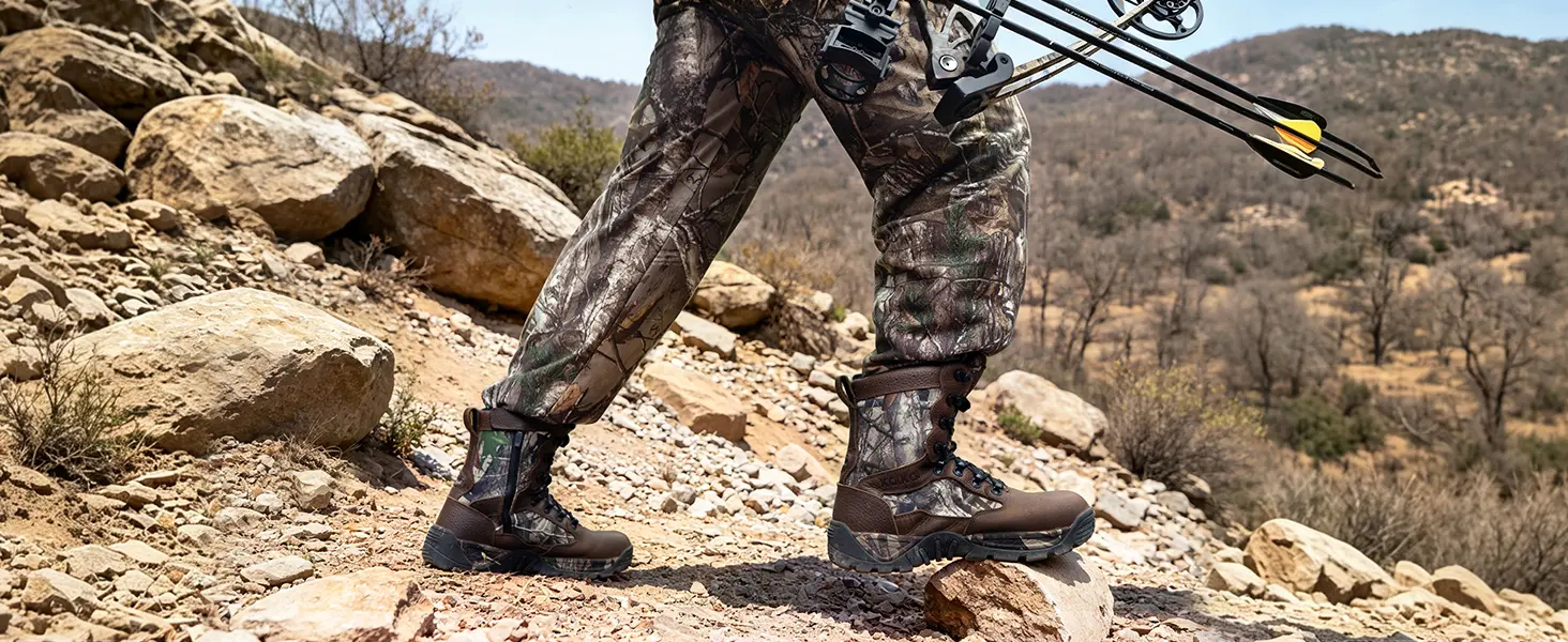 Hunter wearing hunting boots on a rough mountain trail