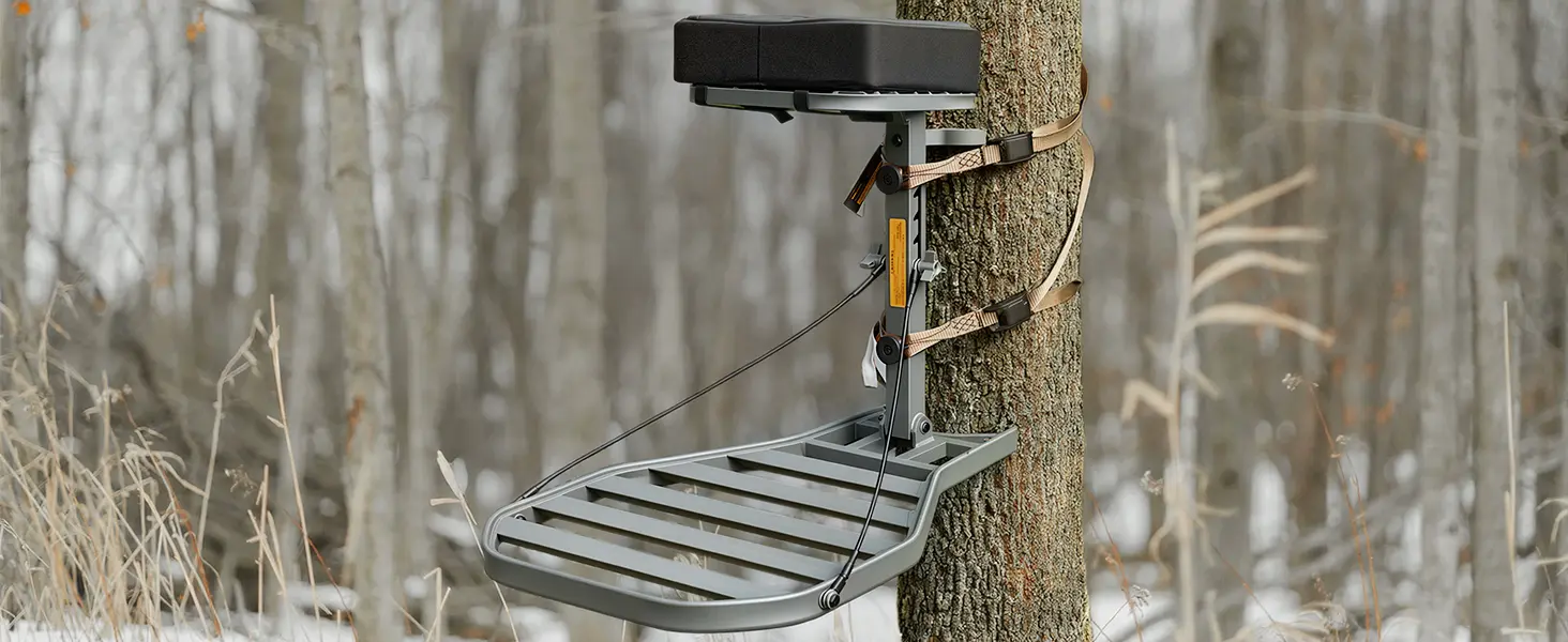 Installed Kalkal aluminum lock-on stand securely attached to a tree