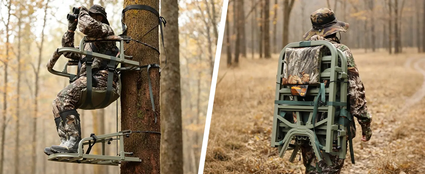 Hunter using a tree stand to watch for game and carrying it through the woods