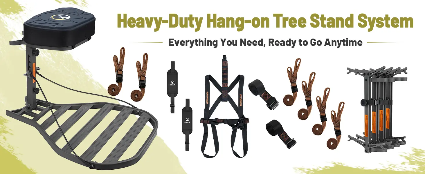 Complete hang-on tree stand kit including stand, climbing sticks, and safety harness