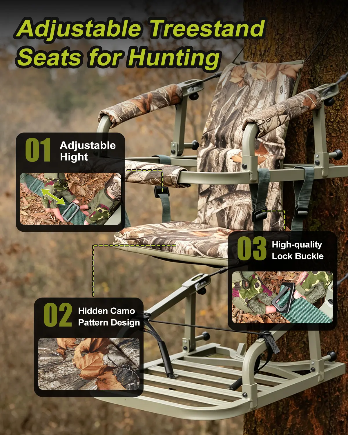 Padded hunting seat and backrest on a tree climber stand