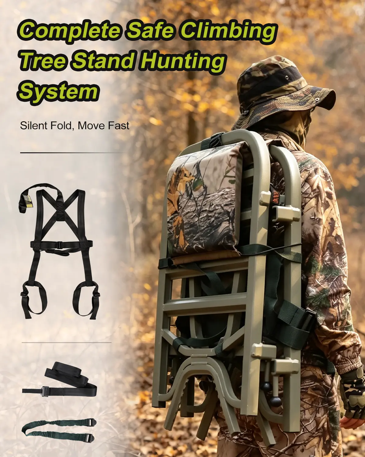 Hunter carrying a portable tree stand with hunting gear