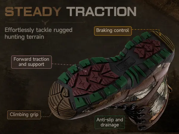 Rugged rubber outsole with steady traction for hunting boots