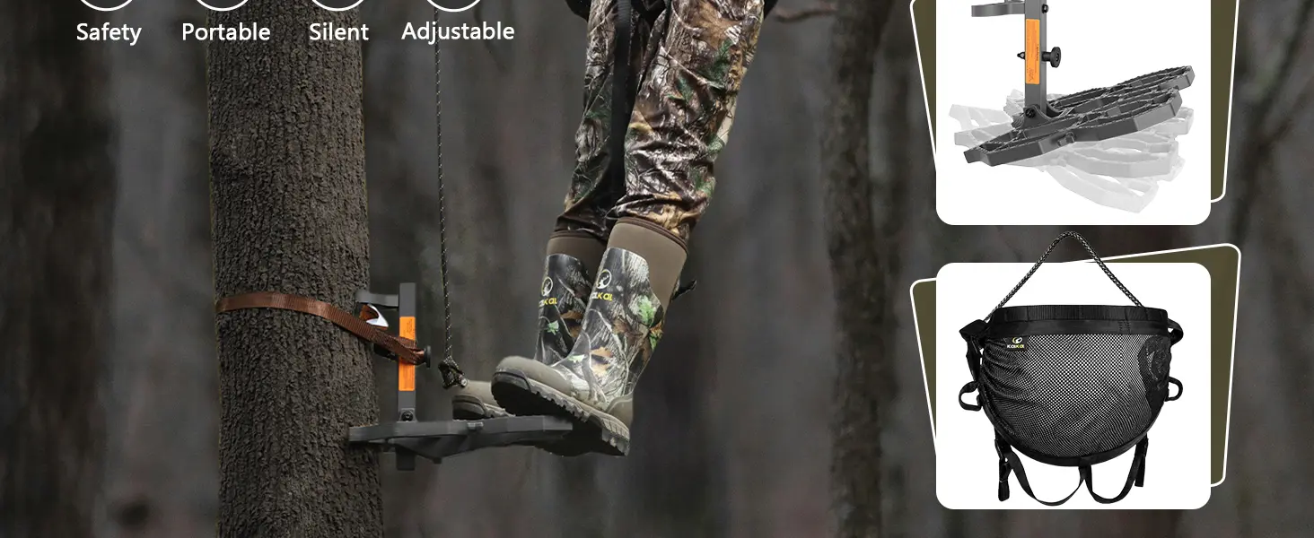 Saddle hunter taking a bow shot from a tree platform