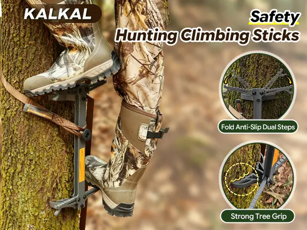 Hunter climbing with saddle hunting climbing sticks attached to a tree