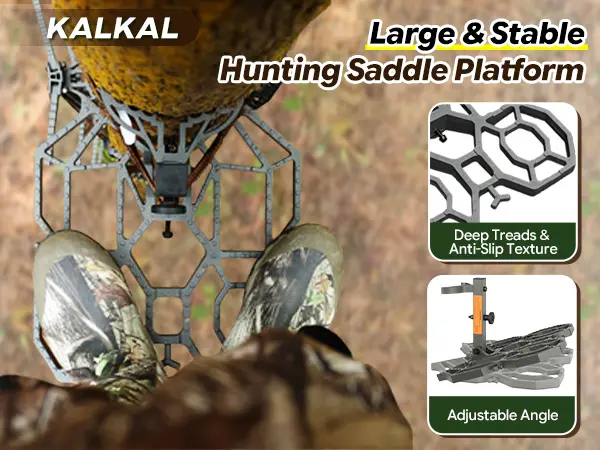 Hunter standing on a saddle hunting platform attached to a tree