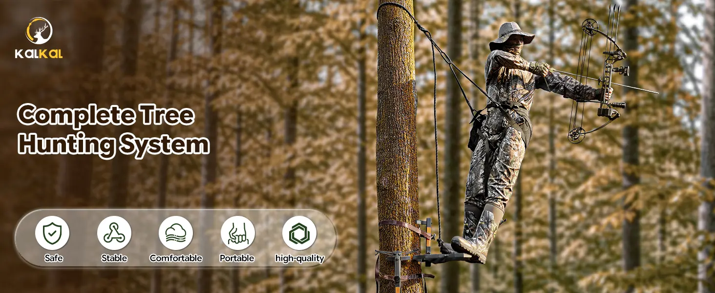 Hunter bowhunting from a tree saddle platform with climbing sticks