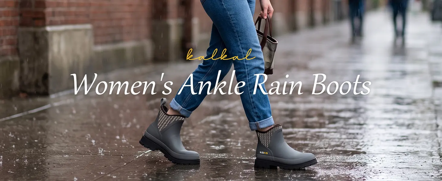 Woman wearing KALKAL women's ankle rain boots in the rain