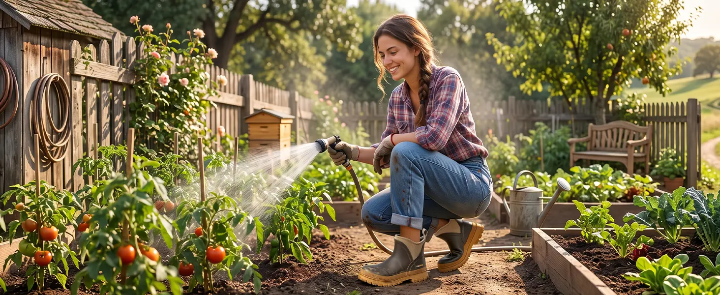 Woman wearing women's rubber mud boots while watering the garden