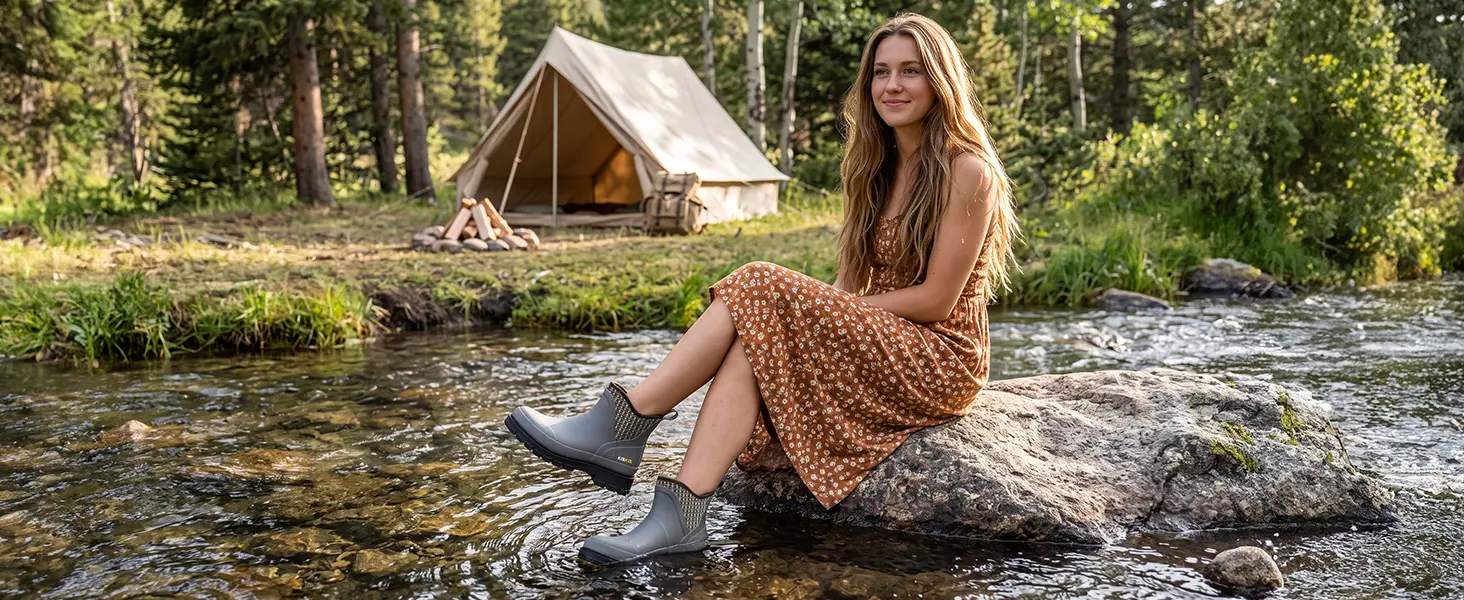Woman wearing women's waterproof mud boots beside a creek while camping