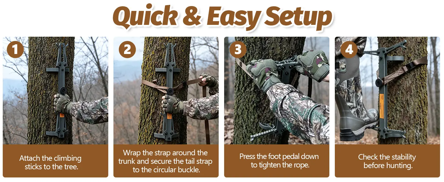 Four-step installation process for securing KALKAL KK131 climbing sticks to a tree