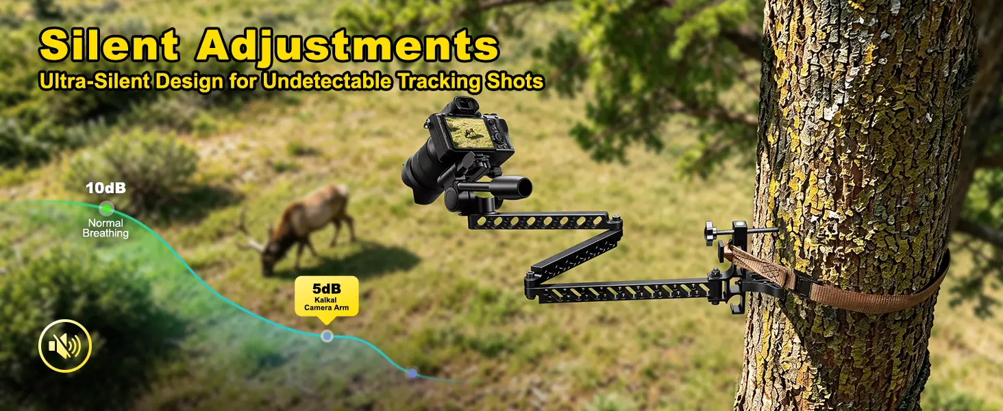 Quiet camera adjustment with a tree-mounted hunting camera arm to minimize disturbance to nearby game