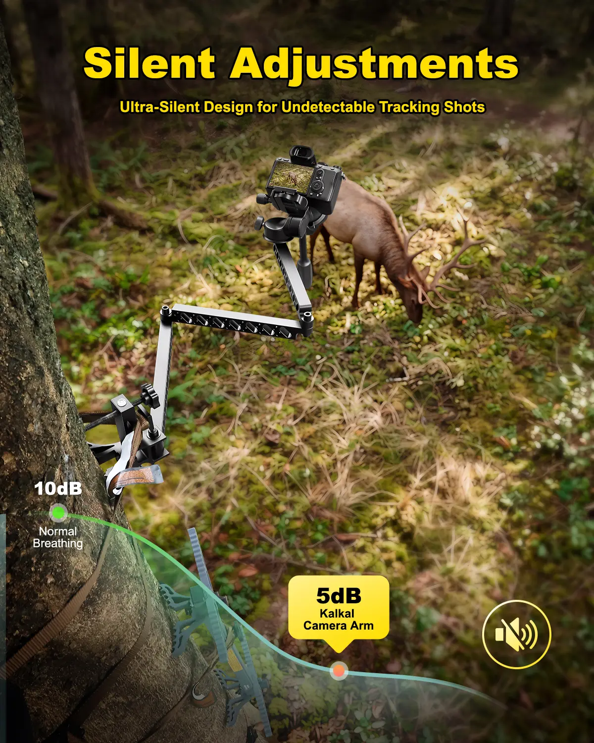 Silent tree-mounted camera arm for quiet hunting and wildlife filming