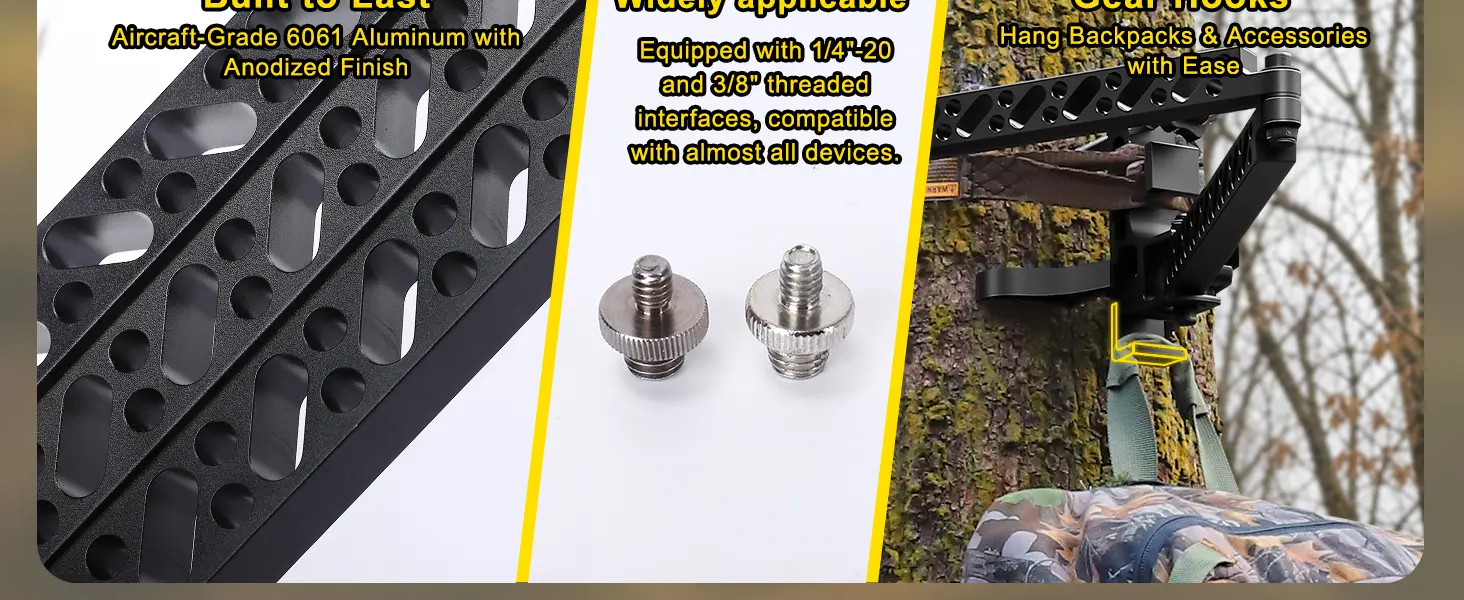 Close-up details of the tree stand camera mount and quick-release system