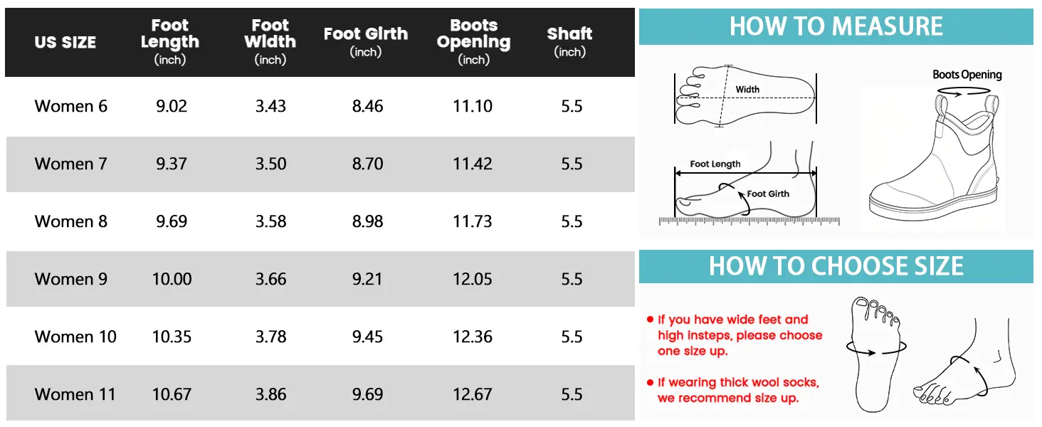 Kalkal women insulated deck boots size chart for model KK130