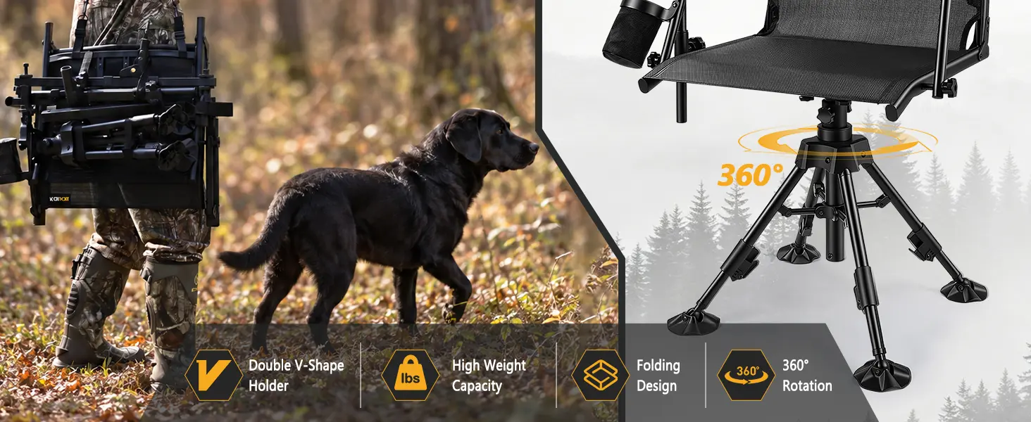 Hunting chair feature overview highlighting the double V-shaped holder, folding design and 360 degree rotation