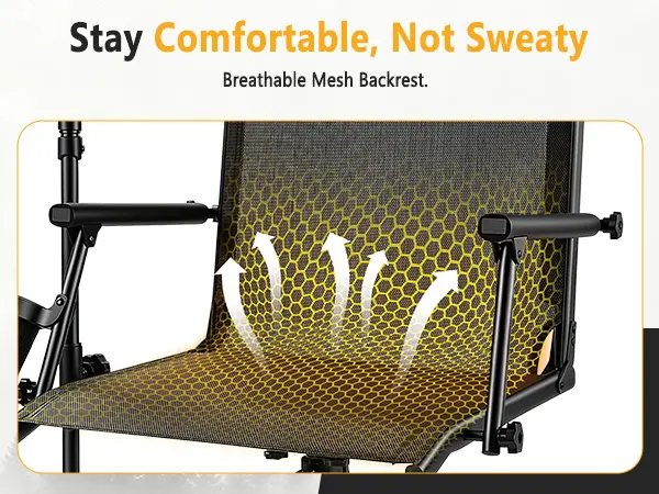 Breathable mesh fabric on the hunting chair's seat and backrest, shown in close-up