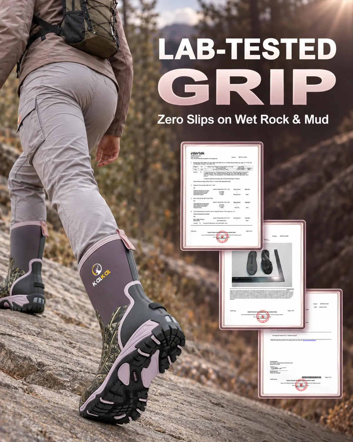 Wetland camo hunting boots gripping a muddy incline with a treaded rubber outsole