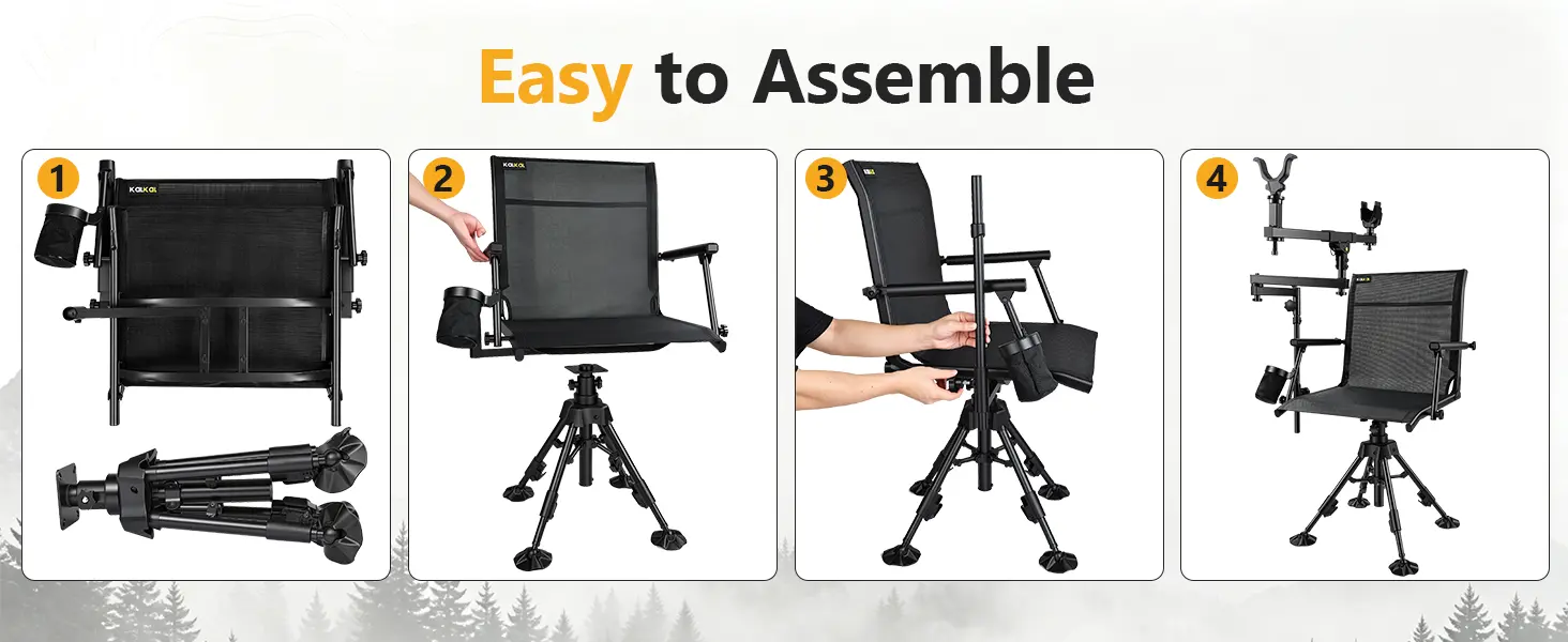 Four-step assembly guide illustrating how to put together the swivel hunting chair and its dual shooting-rest assembly