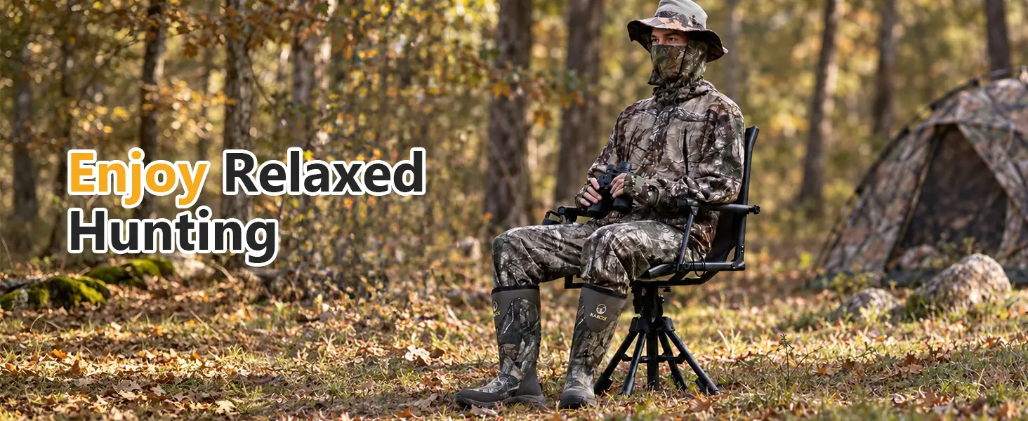 Hunter seated in a swivel hunting chair using the front and rear shooting rests in an outdoor hunting setup