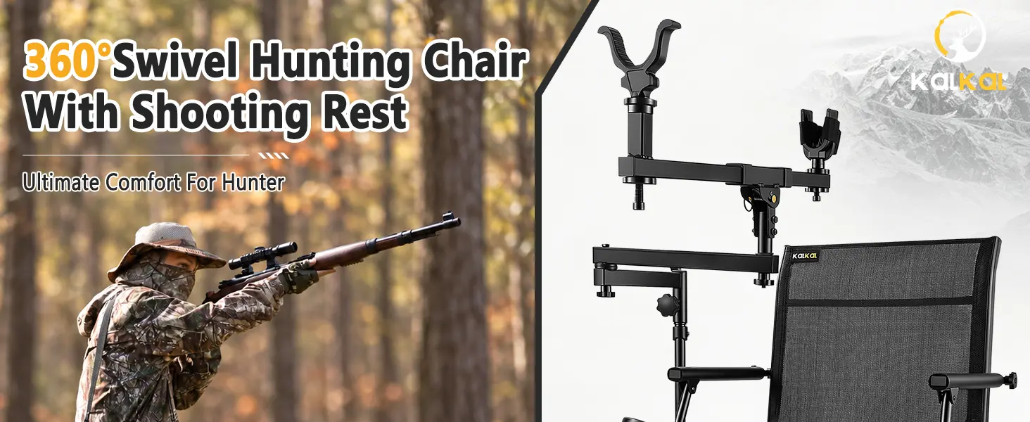 KALKAL swivel hunting chair with dual gun rests shown in an outdoor hunting setting