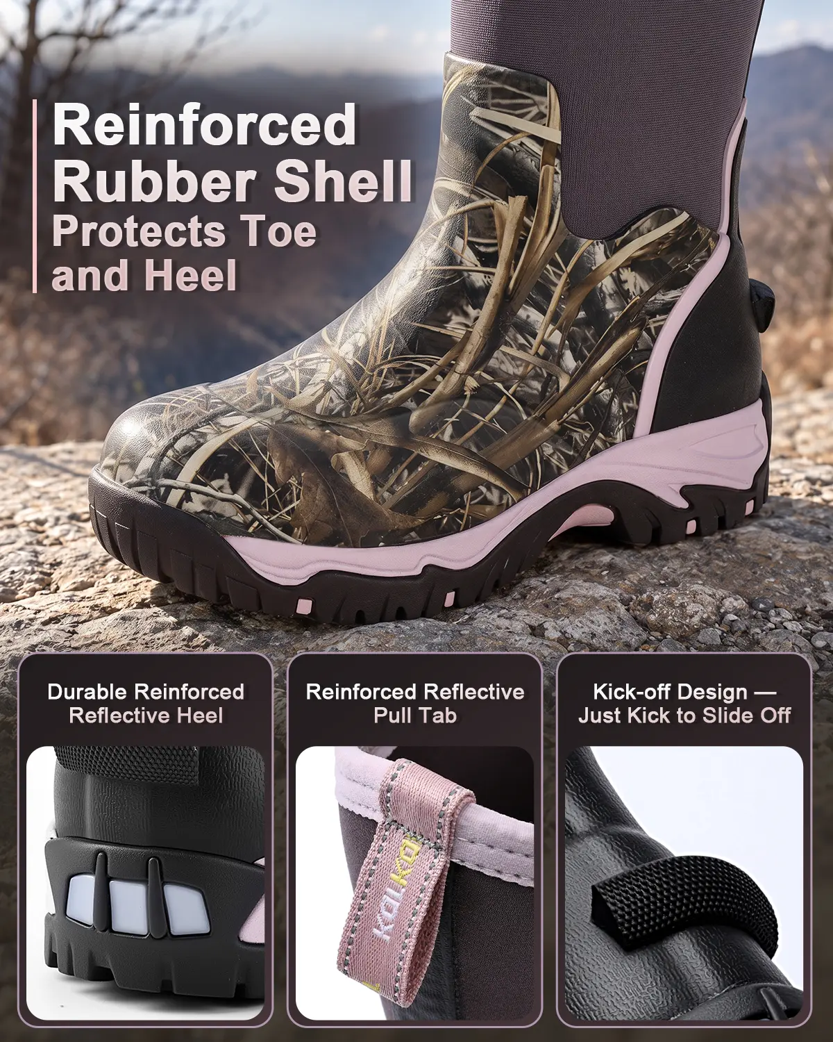 Close-up of the wetland camouflage upper, reinforced toe, and rugged construction of women's mid-calf hunting boots