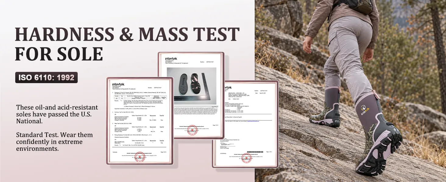 Laboratory test report showing the rubber outsole's tested resistance to acid, oil, and slipping