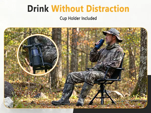 Side-mounted cup holder attached to the KALKAL hunting chair with a water bottle within reach