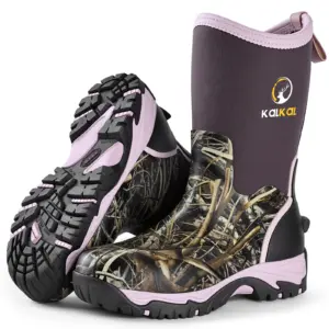 KALKAL women's mid-calf wetland camo rubber hunting boots with waterproof construction and a rugged outsole