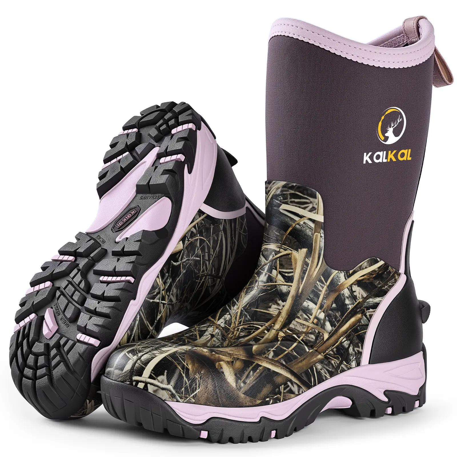 KALKAL women's mid-calf wetland camo rubber hunting boots with waterproof construction and a rugged outsole