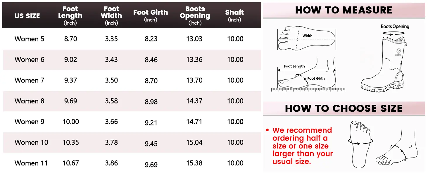 KALKAL women's mid-calf hunting boots size chart