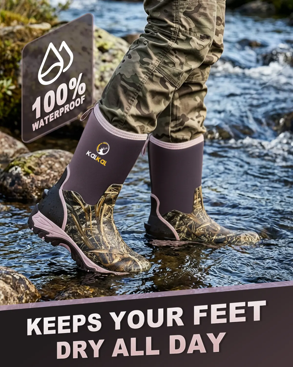 Women's camouflage rubber hunting boots stepping through shallow water to demonstrate waterproof protection